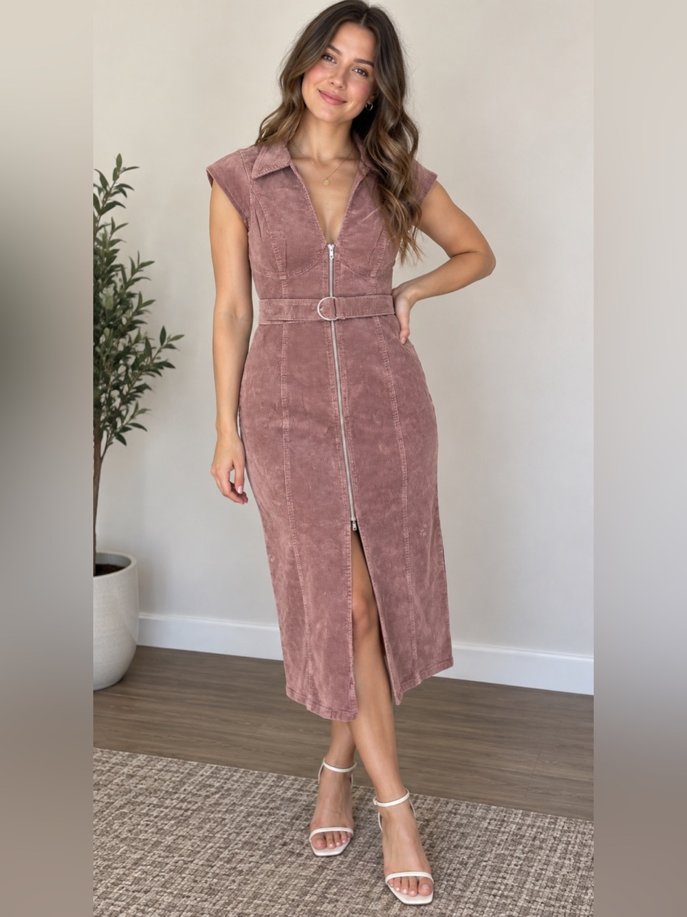 Le Lis Burgundy Corduroy Zip Up Midi Dress with Belt